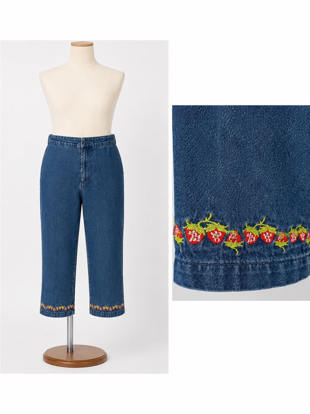 Vintage 90s High Rise Cropped Denim Jeans Embroidered Strawberry Hem Size Small